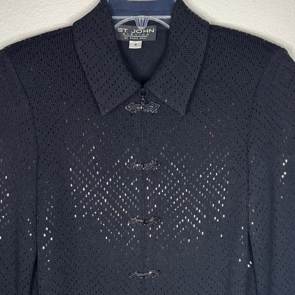 St. John Evening  by Marie Gray Black Sequin Jacket Sz 4 Zip Front